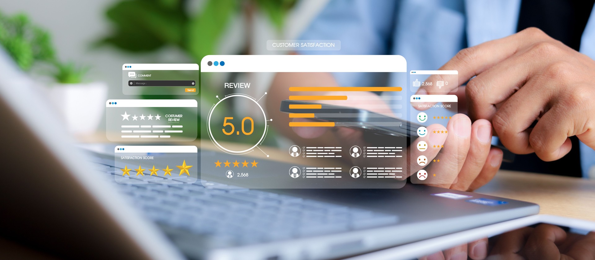 Customer review satisfaction feedback survey concept. Customer can evaluate quality of service leading to reputation ranking of business.