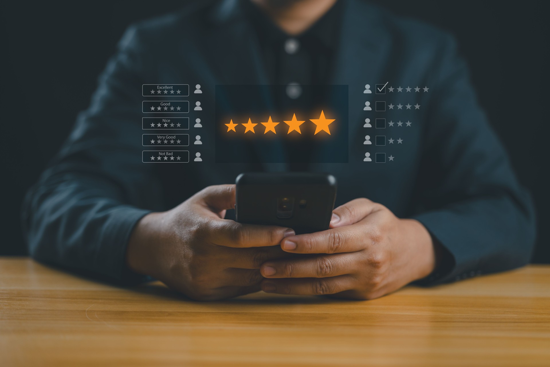User give rating to service experience on online application, Customer review satisfaction feedback survey concept, Customer can evaluate quality of service leading to reputation ranking of business.